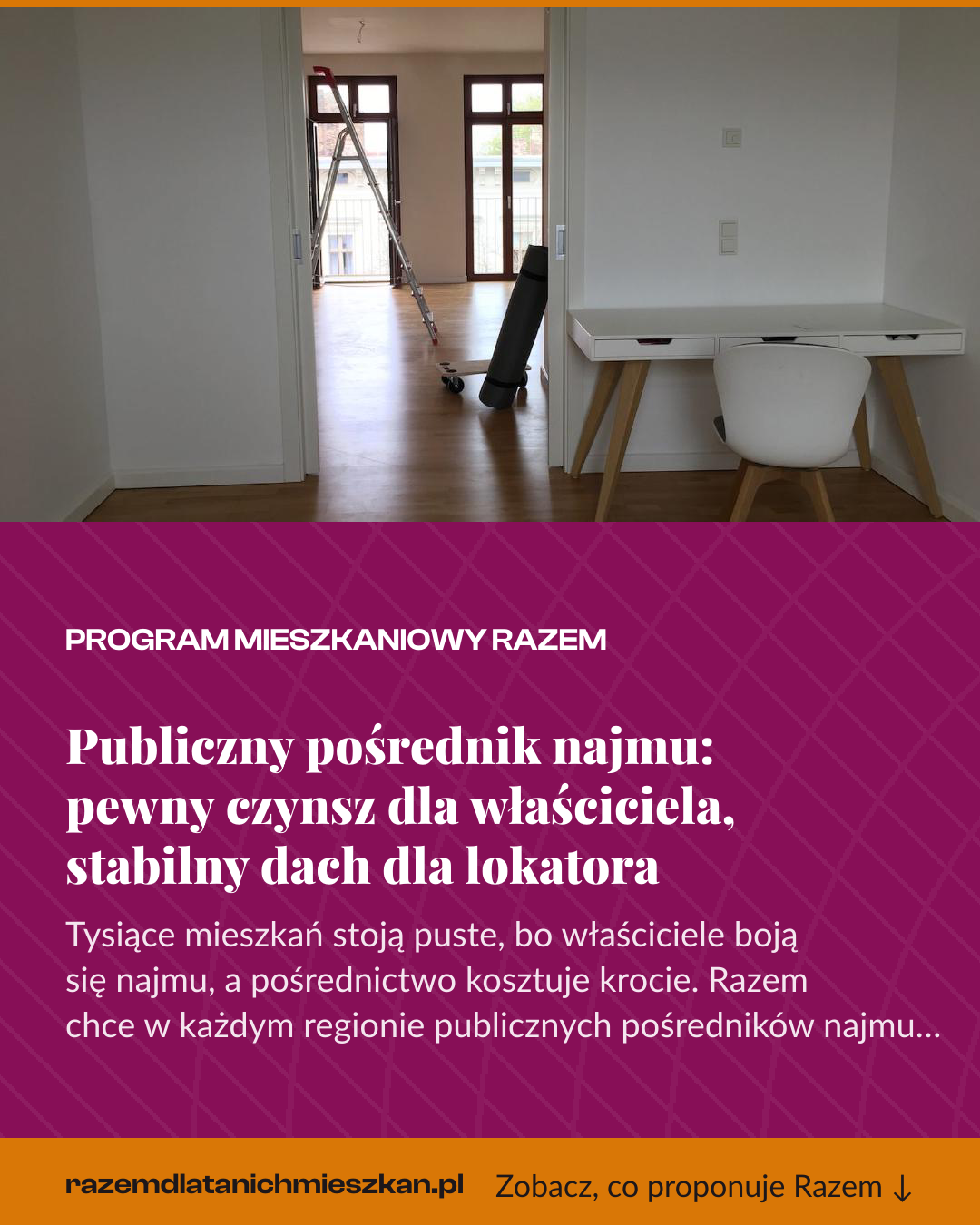 Grafika pionowa do udostępnienia: Publiczny pośrednik najmu: pewny czynsz dla właściciela, stabilny dach dla lokatora