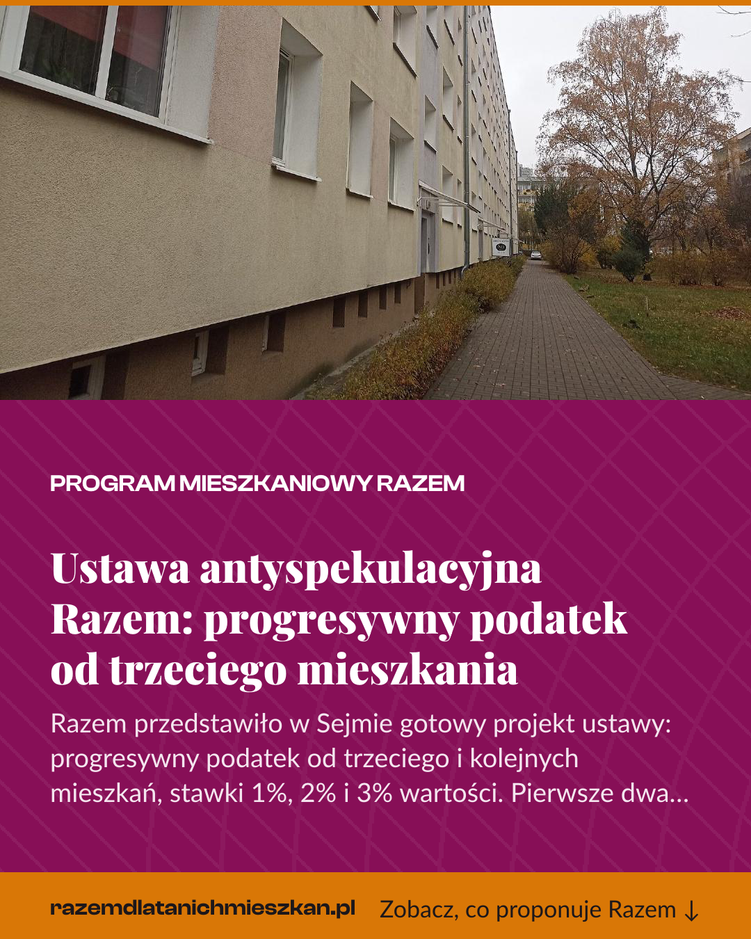 Grafika pionowa do udostępnienia: Ustawa antyspekulacyjna Razem: progresywny podatek od trzeciego mieszkania